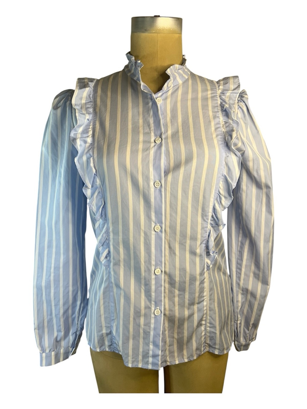 Reformation Etta Ruffled Stripe Button-Front Women's Blouse - Light Blue & White